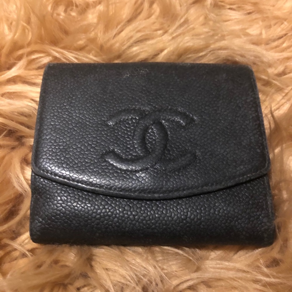 Authentic Chanel Logo Wallet Black Leather